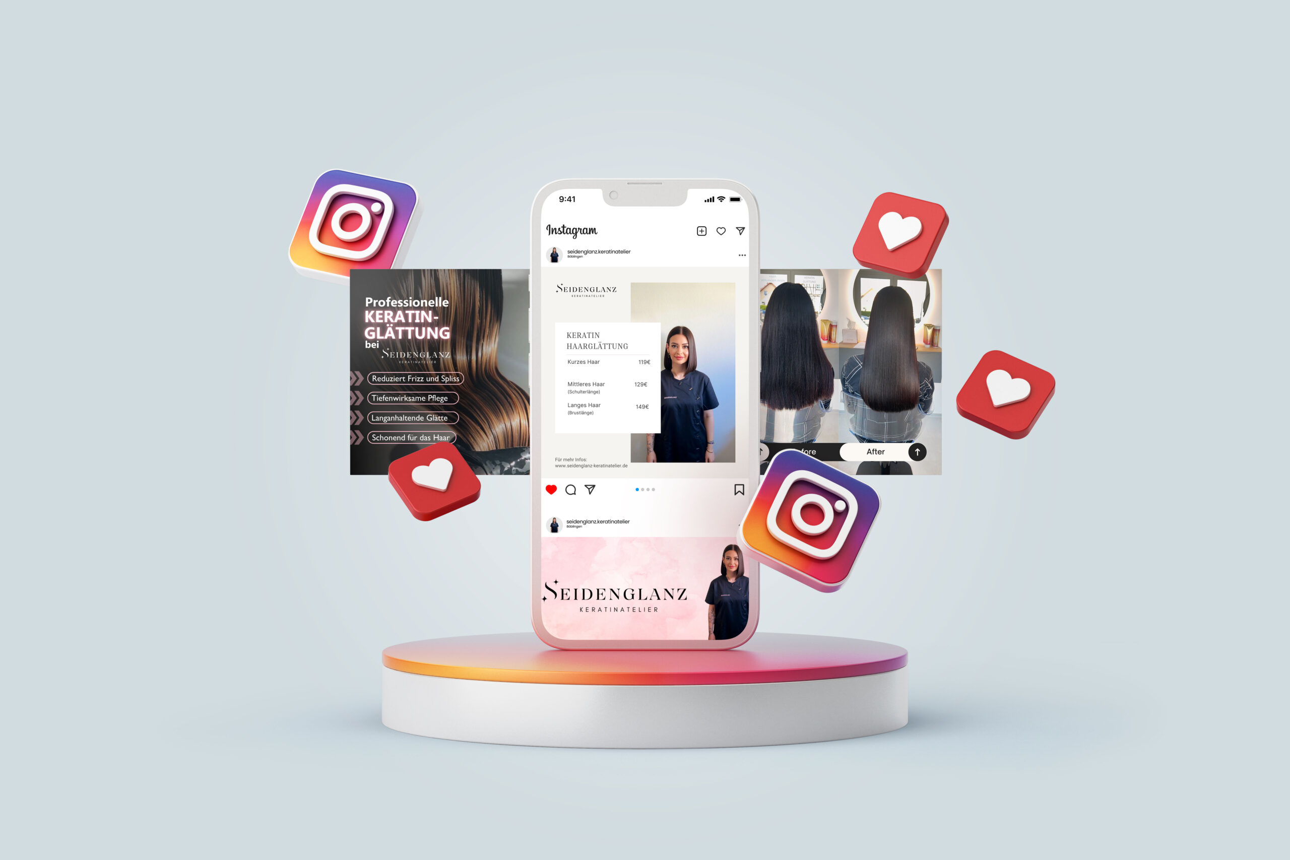 Instagram Creatives für Keratin Haarglättungen bei Seidenglanz