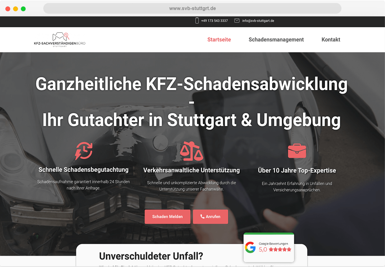 Unternehmenswebsite von KFZ-Gutachter SVB Stuttgart